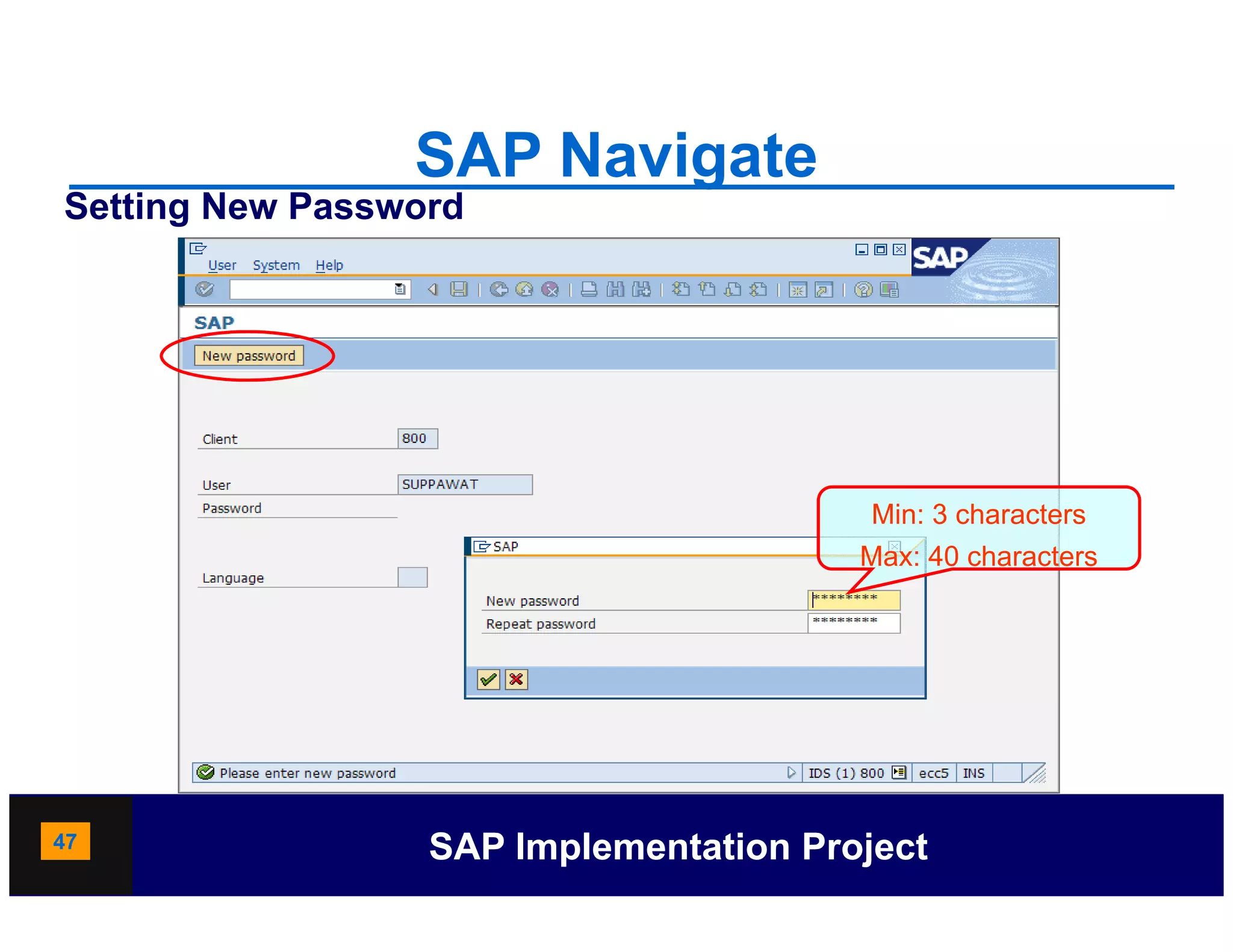 SAP Navigate
Setting New Password




                                         Min: 3 characters
                                        Max: 40 characters




47                SAP Implementation Project
 