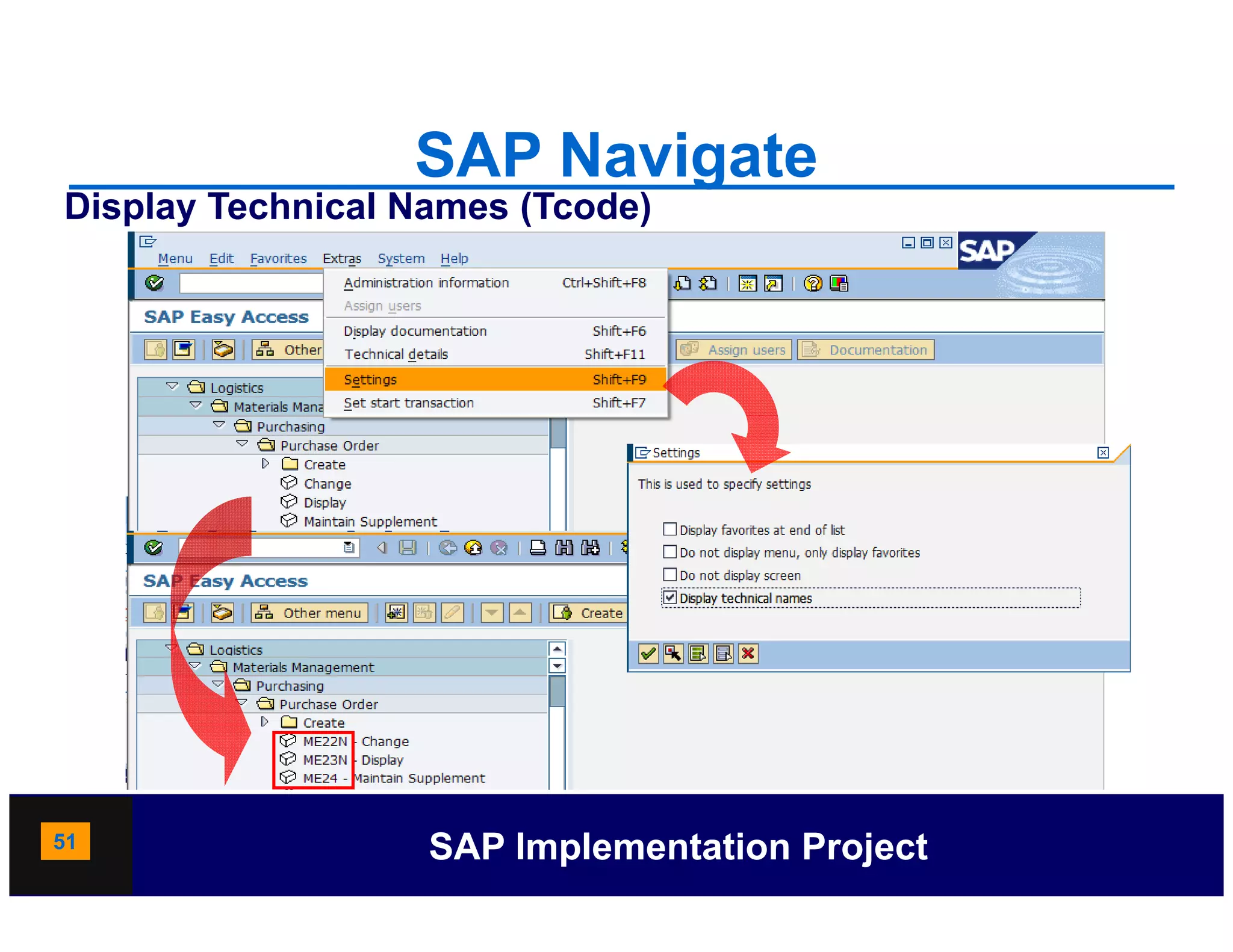 SAP Navigate
Display Technical Names (Tcode)




51                 SAP Implementation Project
 