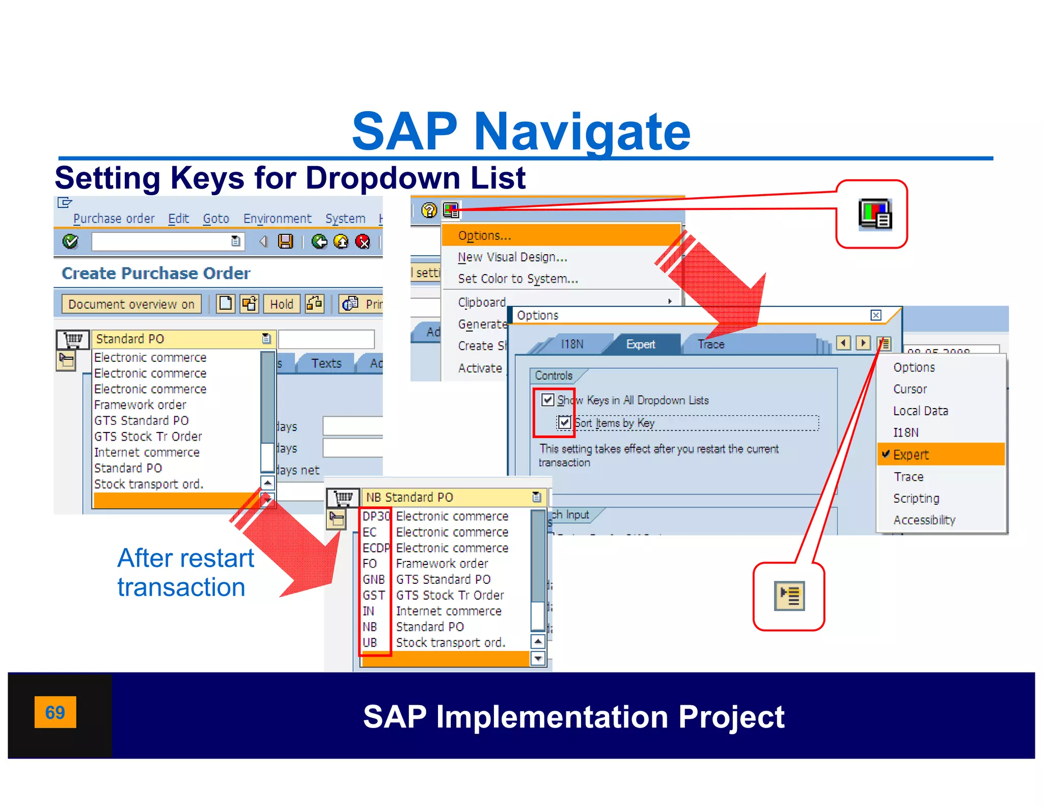 SAP Navigate
Setting Keys for Dropdown List




     After restart
     transaction



69                   SAP Implementation Project
 