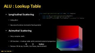 • Longitudinal Scattering
 Using ALU
 Gaussian function instead of lookup table
• Azimuthal Scattering
 Very complex math
 2D function -> lookup table with constant material properties
 Texture 2D Array: CosPhi, CosTheta, HairProfileID
ALU : Lookup Table
float3 ComputeLongitudinalScattering(float3 Theta, float Roughness)
{
const float bR = DecodeHairLongitudinalWidth(Roughness);
const float3 Beta3 = float3(bR, bR * 0.5, bR * 2);
return exp(-0.5 * Square(Theta) / Square(Beta3) ) / (sqrt(2.0 * PI) * Beta3);
}
U V Index
 
