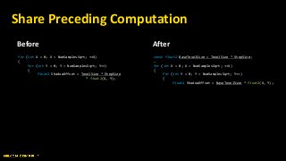 Before After
Share Preceding Computation
for (int X = 0; X < NumSamplesSqrt; ++X)
{
for (int Y = 0; Y < NumSamplesSqrt; Y++)
{
float2 ShadowOffset = TexelSize * StepSize
* float2(X, Y);
const float2 BaseTexelSize = TexelSize * StepSize;
…
for (int X = 0; X < NumSamplesSqrt; ++X)
{
for (int Y = 0; Y < NumSamplesSqrt; Y++)
{
float2 ShadowOffset = BaseTexelSize * float2(X, Y);
 
