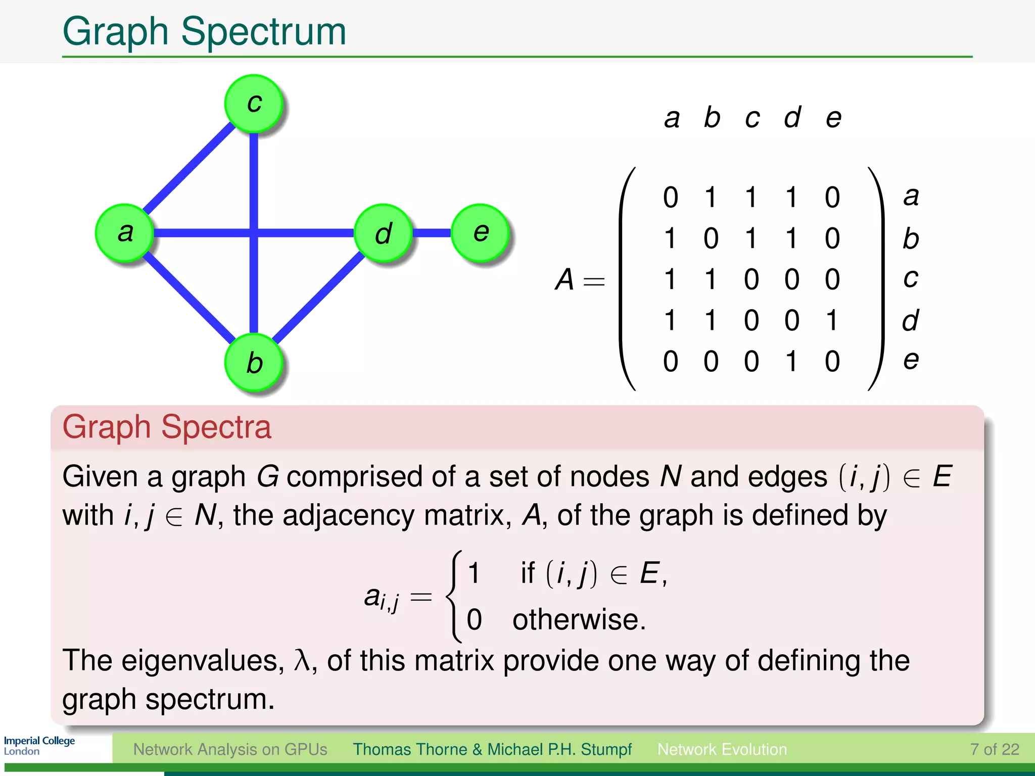 Graph Spectrum
                     c
                                                                         a b c d e
                                                                                            
                                                                         0 1 1 1 0               a
    a                                            e
                                                                          
                                     d                          1 0 1 1 0 b
                                                                          
                                                            A = 1 1 0 0 0  c
                                                                          
                                                                1 1 0 0 1 d
                                                                          
                     b                                                   0 0 0 1 0               e

Graph Spectra
Given a graph G comprised of a set of nodes N and edges (i , j ) ∈ E
with i , j ∈ N, the adjacency matrix, A, of the graph is deﬁned by
                                                 1      if (i , j ) ∈ E ,
                                    ai ,j =
                               0 otherwise.
The eigenvalues, λ, of this matrix provide one way of deﬁning the
graph spectrum.
        Network Analysis on GPUs   Thomas Thorne & Michael P.H. Stumpf   Network Evolution           7 of 22
 