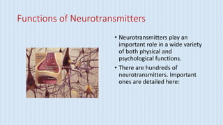 Functions of Neurotransmitters
• Neurotransmitters play an
important role in a wide variety
of both physical and
psychological functions.
• There are hundreds of
neurotransmitters. Important
ones are detailed here:
 
