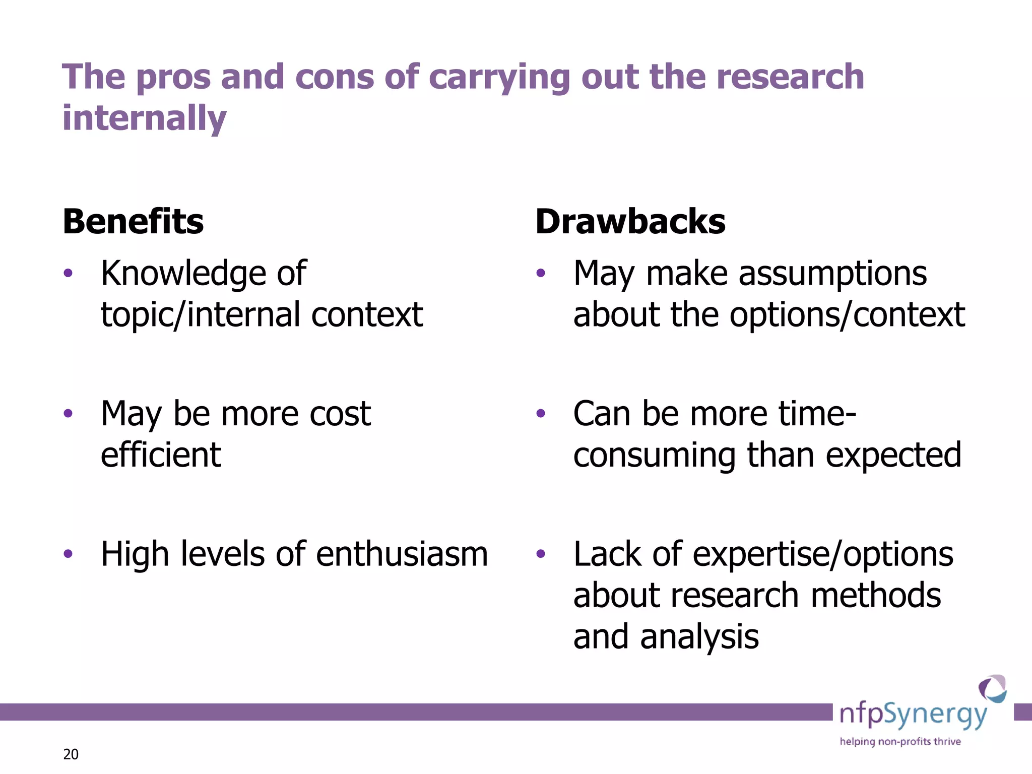 The pros and cons of carrying out the research
internally


Benefits                      Drawbacks
• Knowledge of                • May make assumptions
  topic/internal context        about the options/context

• May be more cost            • Can be more time-
  efficient                     consuming than expected

• High levels of enthusiasm   • Lack of expertise/options
                                about research methods
                                and analysis


20
 