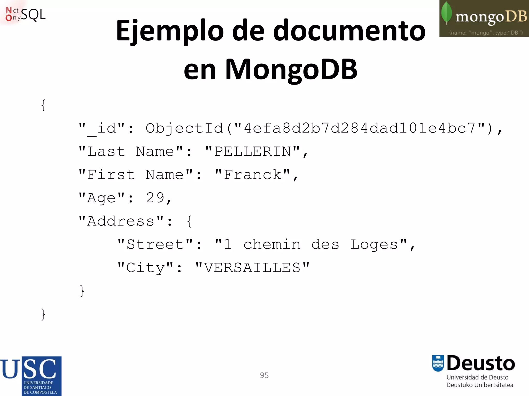 95
Ejemplo de documento
en MongoDB
{
"_id": ObjectId("4efa8d2b7d284dad101e4bc7"),
"Last Name": "PELLERIN",
"First Name": "Franck",
"Age": 29,
"Address": {
"Street": "1 chemin des Loges",
"City": "VERSAILLES"
}
}
 