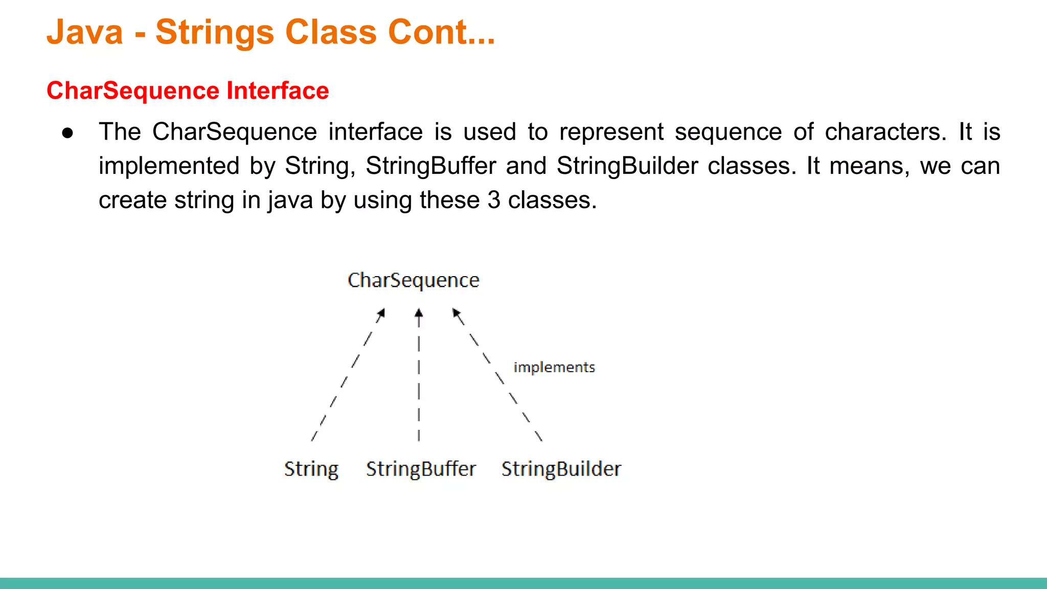CharSequence Interface
● The CharSequence interface is used to represent sequence of characters. It is
implemented by String, StringBuffer and StringBuilder classes. It means, we can
create string in java by using these 3 classes.
Java - Strings Class Cont...
 