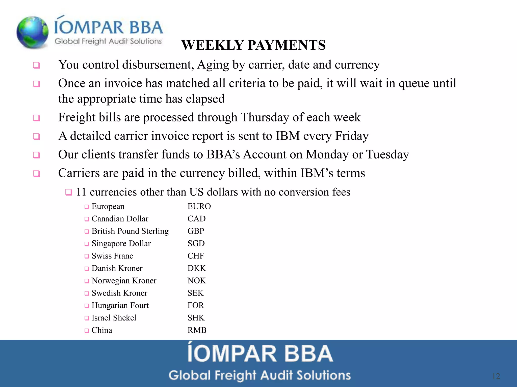 WEEKLY PAYMENTS
   You control disbursement, Aging by carrier, date and currency
   Once an invoice has matched all criteria to be paid, it will wait in queue until
    the appropriate time has elapsed
   Freight bills are processed through Thursday of each week
   A detailed carrier invoice report is sent to IBM every Friday
   Our clients transfer funds to BBA’s Account on Monday or Tuesday
   Carriers are paid in the currency billed, within IBM’s terms
        11 currencies other than US dollars with no conversion fees
           European                 EURO
           Canadian Dollar          CAD
           British Pound Sterling   GBP
           Singapore Dollar         SGD
           Swiss Franc              CHF
           Danish Kroner            DKK
           Norwegian Kroner         NOK
           Swedish Kroner           SEK
           Hungarian Fourt          FOR
           Israel Shekel            SHK
           China                    RMB




                                                                                       12
 