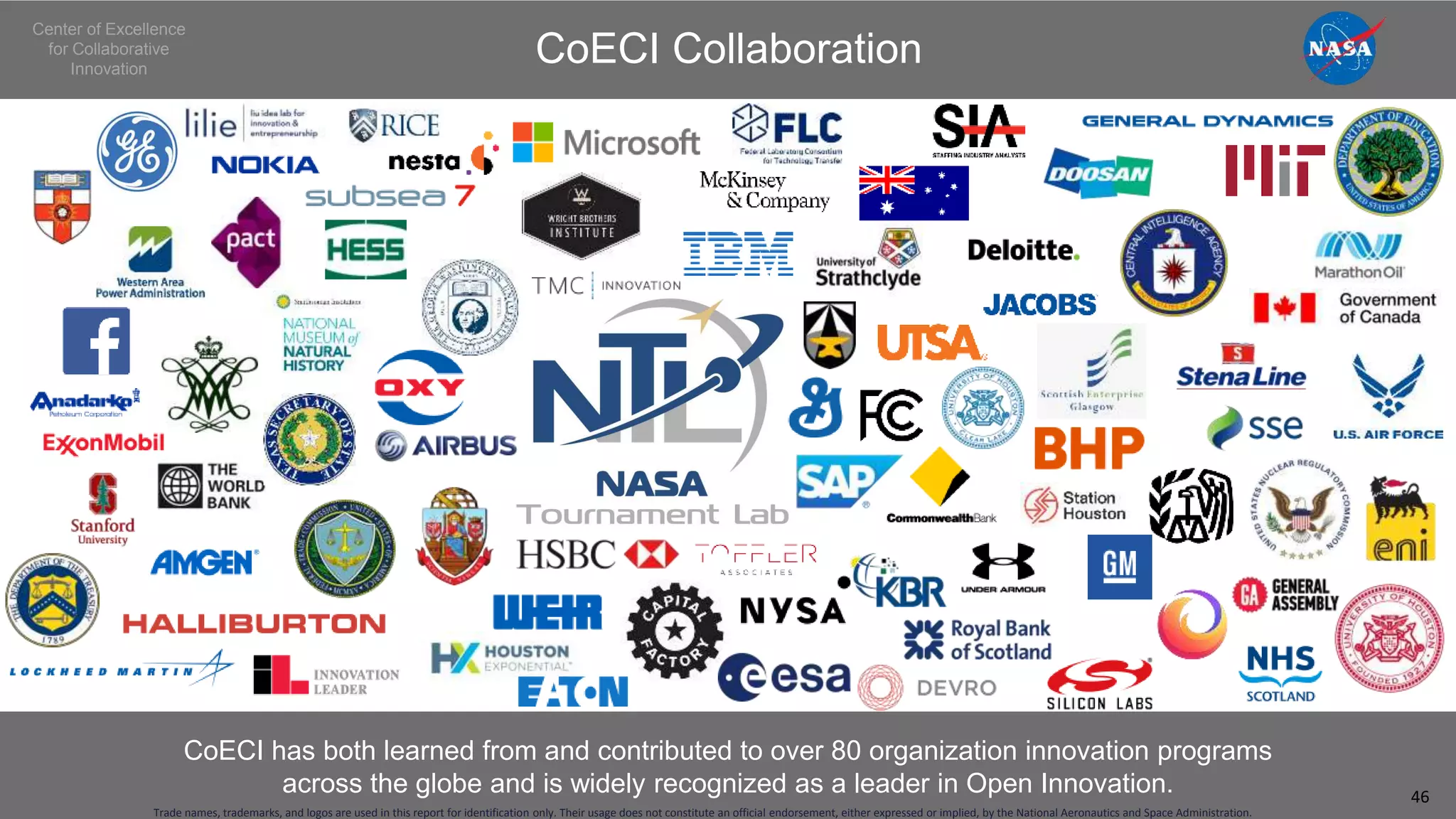 CoECI has both learned from and contributed to over 80 organization innovation programs
across the globe and is widely recognized as a leader in Open Innovation.
CoECI Collaboration
Center of Excellence
for Collaborative
Innovation
Trade names, trademarks, and logos are used in this report for identification only. Their usage does not constitute an official endorsement, either expressed or implied, by the National Aeronautics and Space Administration.
46
 