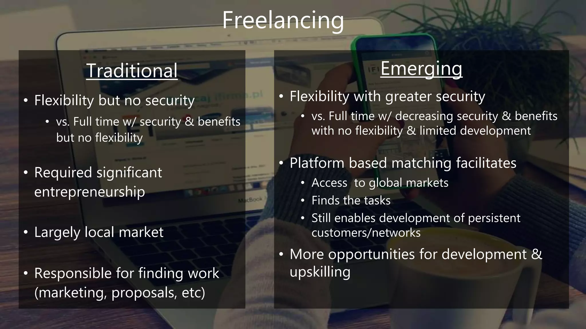 Traditional
• Flexibility but no security
• vs. Full time w/ security & benefits
but no flexibility
• Required significant
entrepreneurship
• Largely local market
• Responsible for finding work
(marketing, proposals, etc)
58
Freelancing
Emerging
• Flexibility with greater security
• vs. Full time w/ decreasing security & benefits
with no flexibility & limited development
• Platform based matching facilitates
• Access to global markets
• Finds the tasks
• Still enables development of persistent
customers/networks
• More opportunities for development &
upskilling
 