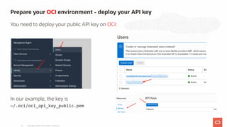 In our example, the key is
~/.oci/oci_api_key_public.pem
Prepare your OCI environment - deploy your API key
You need to deploy your public API key on OCI:
Copyright @ 2020 Oracle and/or its affiliates.22
 