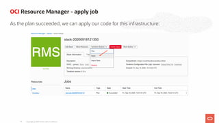 OCI Resource Manager - apply job
As the plan succeeded, we can apply our code for this infrastructure:
Copyright @ 2020 Oracle and/or its affiliates.76
 