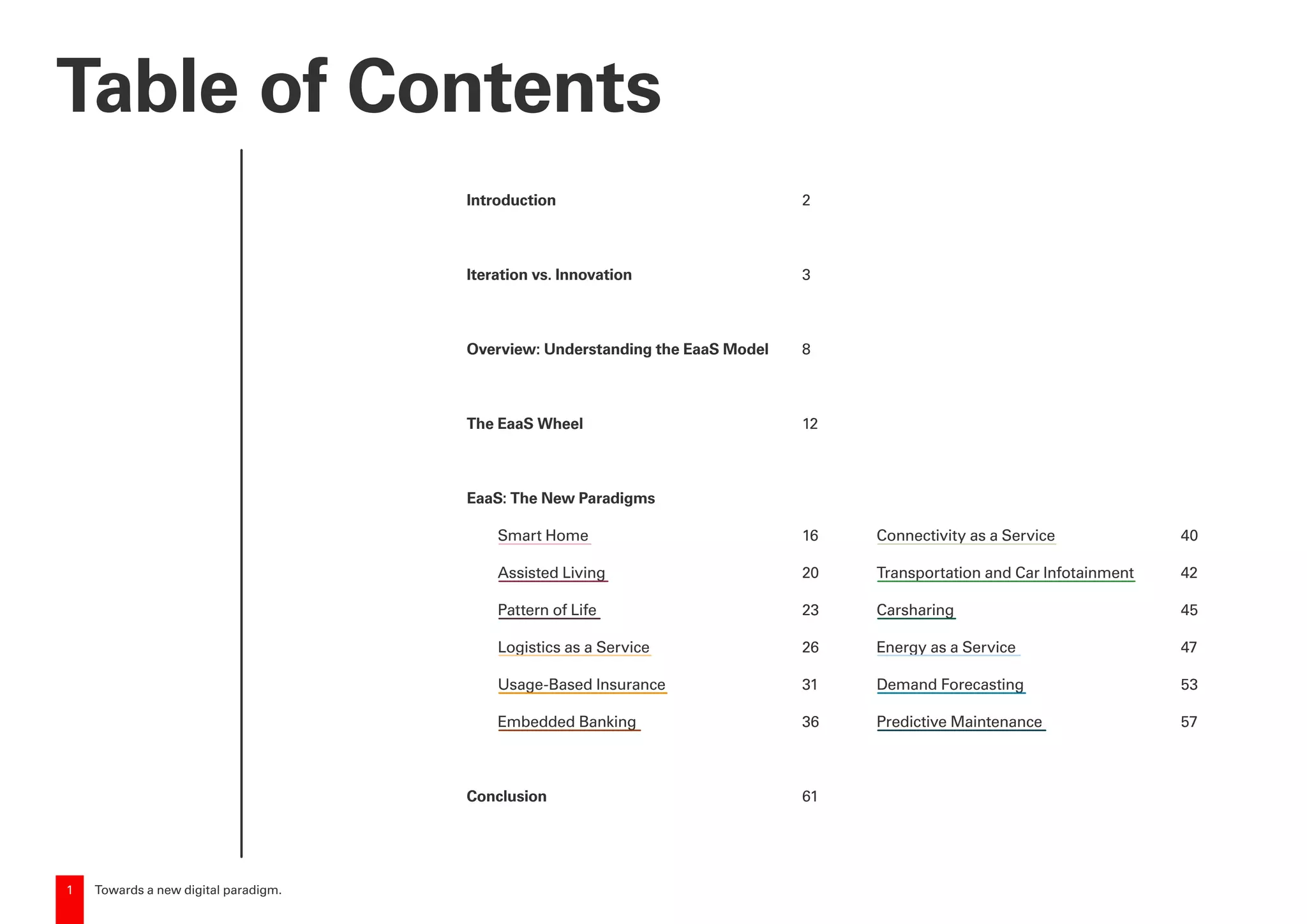 1 Towards a new digital paradigm.
Introduction	 		 2
Iteration vs. Innovation			 3
Overview: Understanding the EaaS Model	 8
The EaaS Wheel			 12
EaaS: The New Paradigms
	 Smart Home			 16
	 Assisted Living			 20
	 Pattern of Life			 23
	 Logistics as a Service			 26
	 Usage-Based Insurance			 31
	 Embedded Banking			 36
	 Connectivity as a Service			 40
	 Transportation and Car Infotainment	 42
	 Carsharing			 45
	 Energy as a Service			 47
	 Demand Forecasting			 53
	 Predictive Maintenance			 57
Conclusion			 61
Table of Contents
 