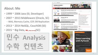 3
About:	Me
• 1999	~	2006	Java	(SI,	Developer)
• 2007	~	2013	Middleware	(Oracle,	SC)
– WAS,	Memory	Cache,	CEP,	DB	Replication
• 2013	~	2014	NoSQL,	CouchDB (SE)
• 2015	~	Big	Data,	ML,	Deep	Learning(SC)
민수
수학
Analysis
컨텐츠
 