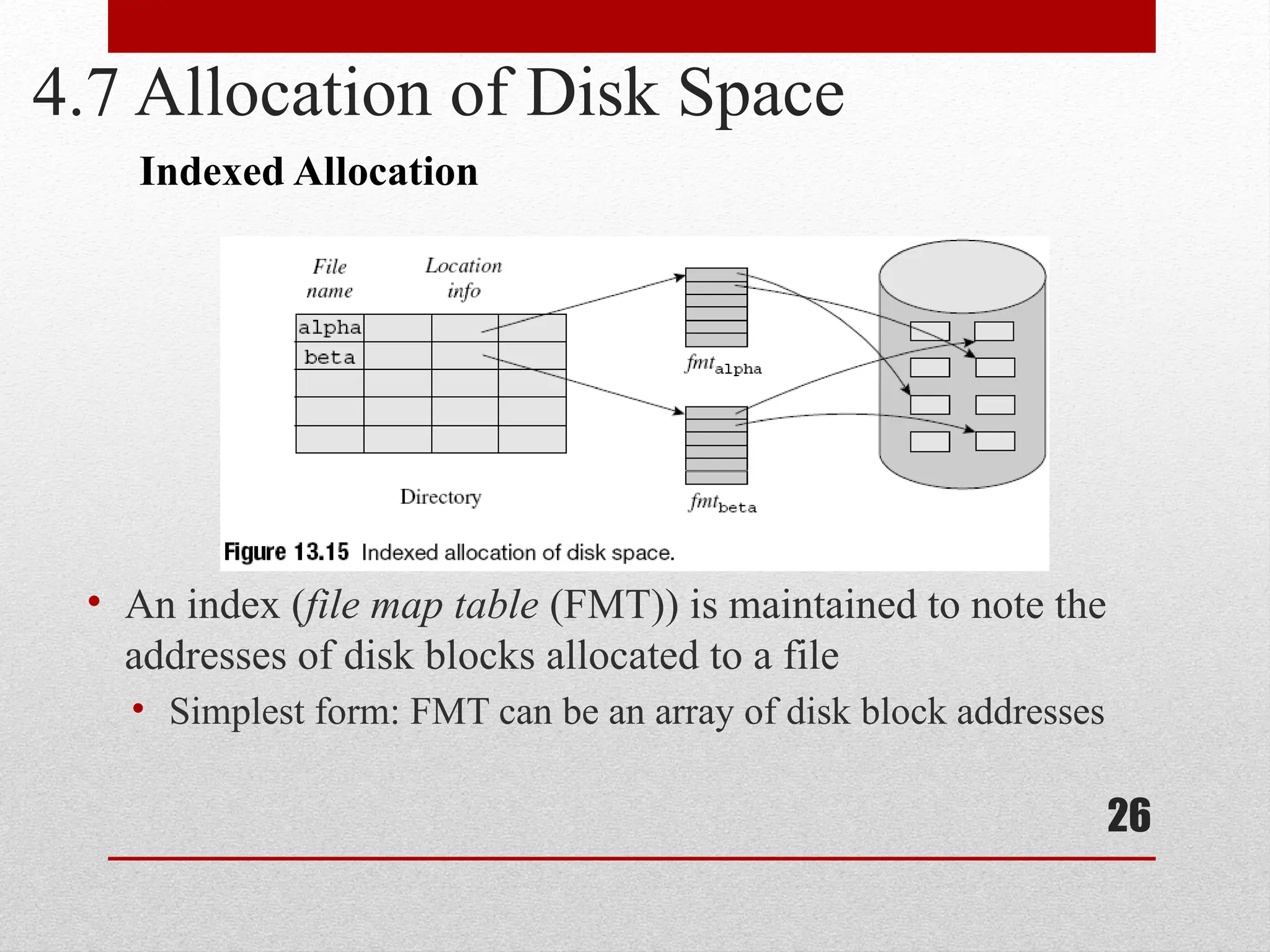 26
4.7 Allocation of Disk Space
• An index (file map table (FMT)) is maintained to note the
addresses of disk blocks allocated to a file
• Simplest form: FMT can be an array of disk block addresses
Indexed Allocation
 