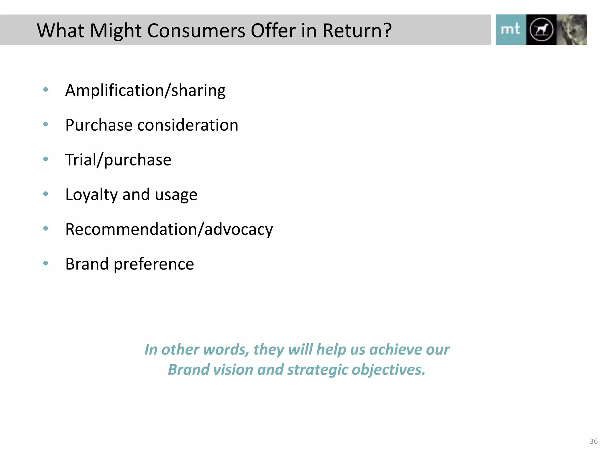 What Might Consumers Offer in Return?

• Amplification/sharing
• Purchase consideration
• Trial/purchase
• Loyalty and usage
• Recommendation/advocacy
• Brand preference



            In other words, they will help us achieve our
                Brand vision and strategic objectives.



                                                            36
 