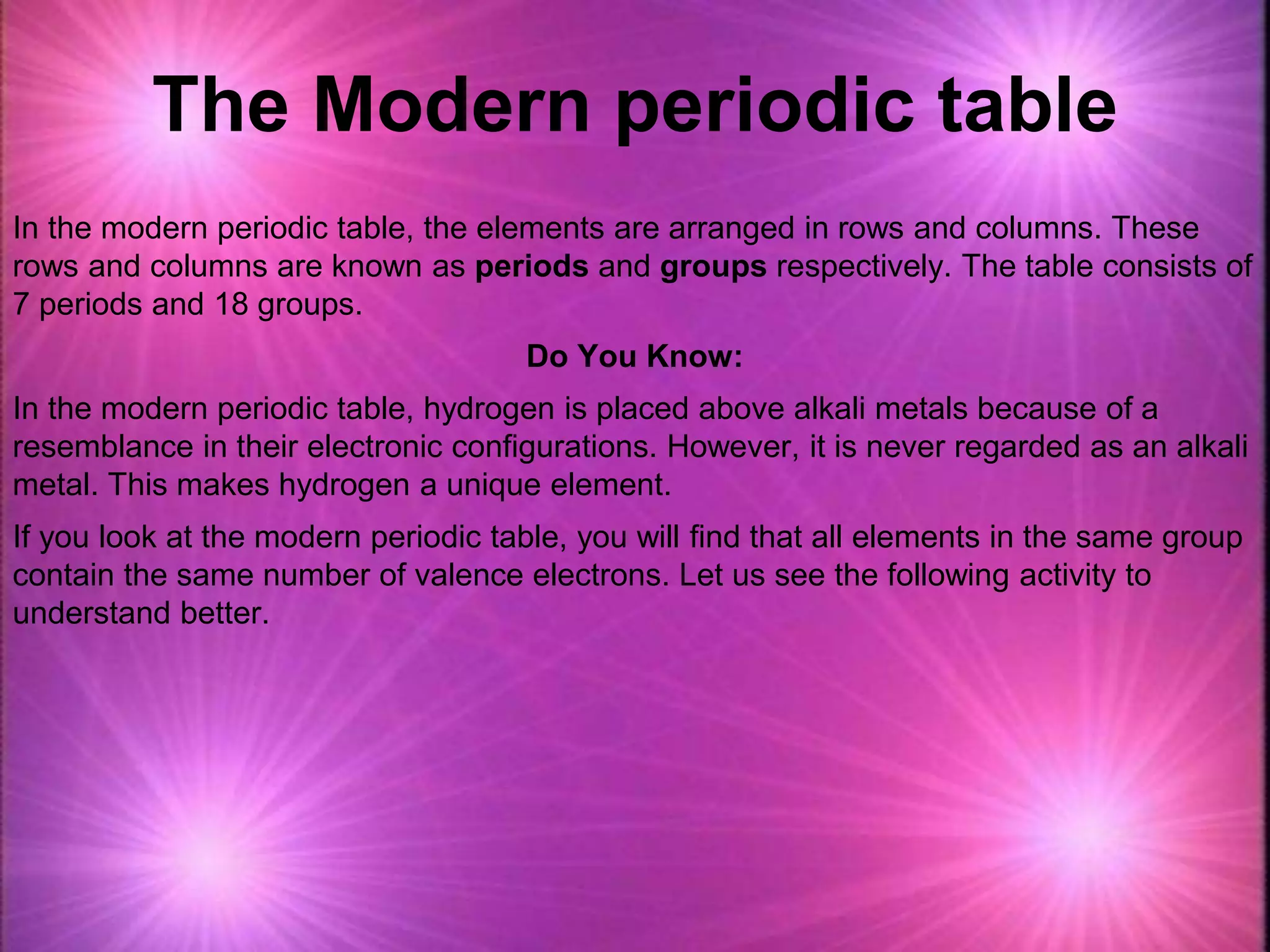 The Modern periodic table
In the modern periodic table, the elements are arranged in rows and columns. These
rows and columns are known as periods and groups respectively. The table consists of
7 periods and 18 groups.
Do You Know:
In the modern periodic table, hydrogen is placed above alkali metals because of a
resemblance in their electronic configurations. However, it is never regarded as an alkali
metal. This makes hydrogen a unique element.
If you look at the modern periodic table, you will find that all elements in the same group
contain the same number of valence electrons. Let us see the following activity to
understand better.
 