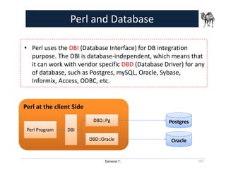 Danairat T.
Perl at the client Side
Perl and Database
• Perl uses the DBI (Database Interface) for DB integration
purpose. The DBI is database-independent, which means that
it can work with vendor specific DBD (Database Driver) for any
of database, such as Postgres, mySQL, Oracle, Sybase,
Informix, Access, ODBC, etc.
157
Perl Program DBI
DBD::Pg
DBD::Oracle
Postgres
Oracle
 