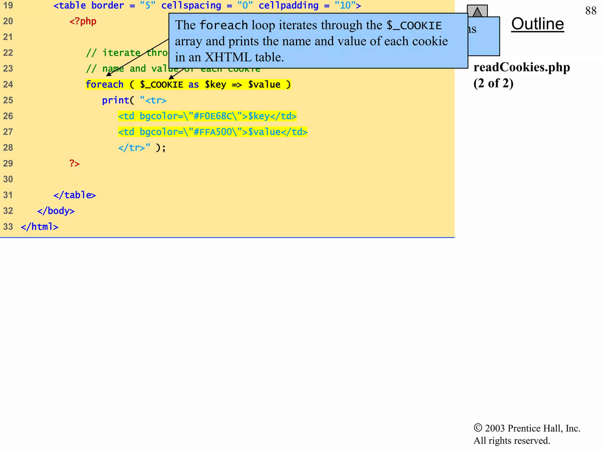 19       <table border = "5" cellspacing = "0" cellpadding = "10">
                                                                                                                    88
             <?php
20
                                  The foreach loop iterates through the $_COOKIE
                                              PHP creates array $_COOKIE which contains        Outline
21
                                  array and prints the name and value of each cookie
                                              all cookie values indexed by their names.
22                // iterate through array $_COOKIE and print
                                  in an XHTML table.
23                // name and value of each cookie                                      readCookies.php
24                foreach ( $_COOKIE as $key => $value )                                (2 of 2)
25                   print( "<tr>
26                     <td bgcolor="#F0E68C">$key</td>
27                     <td bgcolor="#FFA500">$value</td>
28                     </tr>" );
29           ?>
30
31       </table>
32    </body>
33 </html>




                                                                                         2003 Prentice Hall, Inc.
                                                                                      All rights reserved.
 