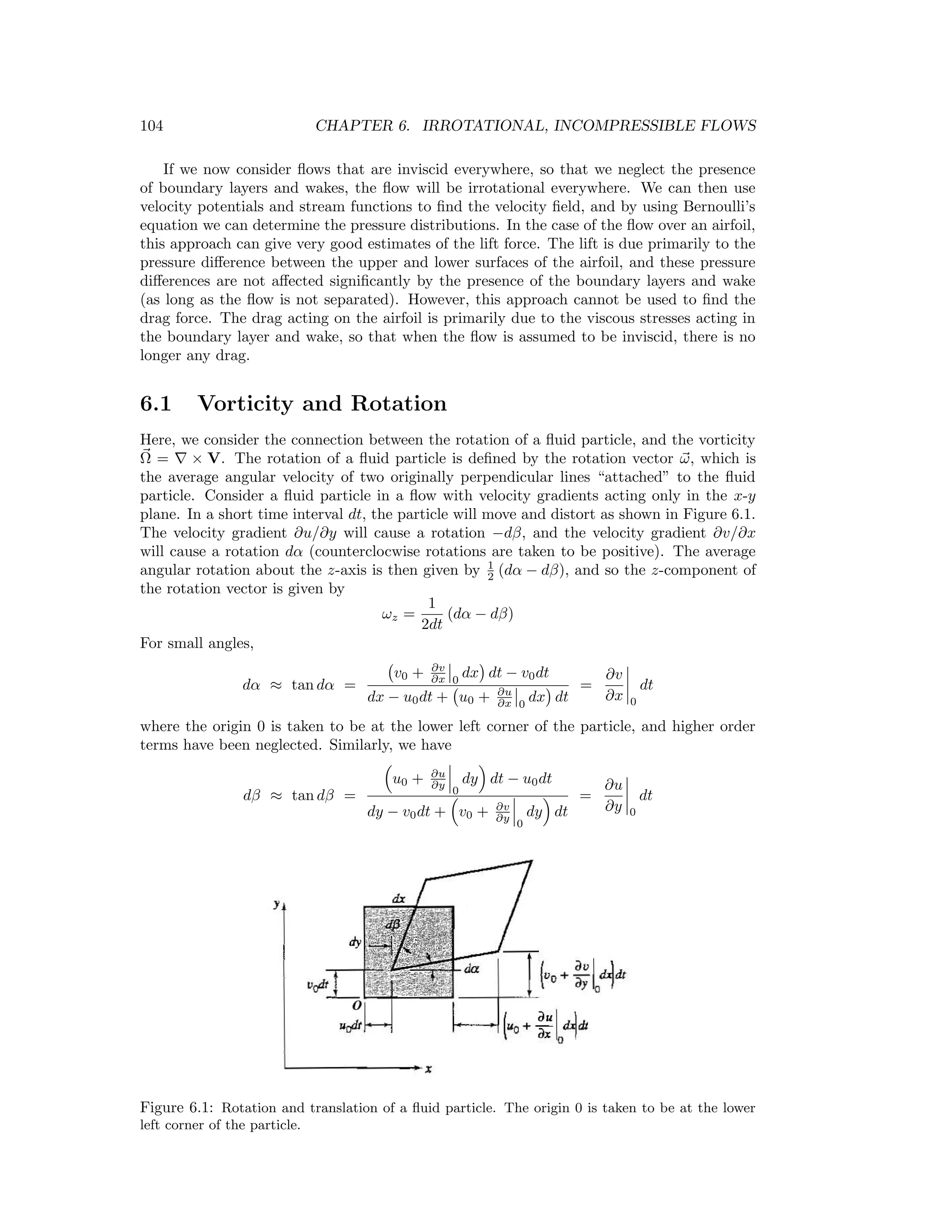 104 CHAPTER 6. IRROTATIONAL, INCOMPRESSIBLE FLOWS
If we now consider ﬂows that are inviscid everywhere, so that we neglect the presence
of boundary layers and wakes, the ﬂow will be irrotational everywhere. We can then use
velocity potentials and stream functions to ﬁnd the velocity ﬁeld, and by using Bernoulli’s
equation we can determine the pressure distributions. In the case of the ﬂow over an airfoil,
this approach can give very good estimates of the lift force. The lift is due primarily to the
pressure diﬀerence between the upper and lower surfaces of the airfoil, and these pressure
diﬀerences are not aﬀected signiﬁcantly by the presence of the boundary layers and wake
(as long as the ﬂow is not separated). However, this approach cannot be used to ﬁnd the
drag force. The drag acting on the airfoil is primarily due to the viscous stresses acting in
the boundary layer and wake, so that when the ﬂow is assumed to be inviscid, there is no
longer any drag.
6.1 Vorticity and Rotation
Here, we consider the connection between the rotation of a ﬂuid particle, and the vorticity
Ω = × V. The rotation of a ﬂuid particle is deﬁned by the rotation vector ω, which is
the average angular velocity of two originally perpendicular lines “attached” to the ﬂuid
particle. Consider a ﬂuid particle in a ﬂow with velocity gradients acting only in the x-y
plane. In a short time interval dt, the particle will move and distort as shown in Figure 6.1.
The velocity gradient ∂u/∂y will cause a rotation −dβ, and the velocity gradient ∂v/∂x
will cause a rotation dα (counterclocwise rotations are taken to be positive). The average
angular rotation about the z-axis is then given by 1
2 (dα − dβ), and so the z-component of
the rotation vector is given by
ωz =
1
2dt
(dα − dβ)
For small angles,
dα ≈ tan dα =
v0 + ∂v
∂x 0
dx dt − v0dt
dx − u0dt + u0 + ∂u
∂x 0
dx dt
=
∂v
∂x 0
dt
where the origin 0 is taken to be at the lower left corner of the particle, and higher order
terms have been neglected. Similarly, we have
dβ ≈ tan dβ =
u0 + ∂u
∂y
0
dy dt − u0dt
dy − v0dt + v0 + ∂v
∂y
0
dy dt
=
∂u
∂y 0
dt
Figure 6.1: Rotation and translation of a ﬂuid particle. The origin 0 is taken to be at the lower
left corner of the particle.
 