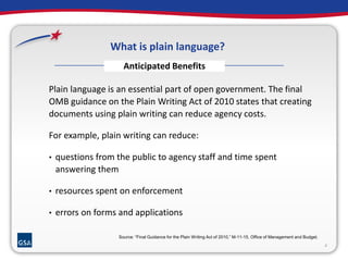 6 
What is plain language? 
Anticipated Benefits 
Plain language is an essential part of open government. The final 
OMB guidance on the Plain Writing Act of 2010 states that creating 
documents using plain writing can reduce agency costs. 
For example, plain writing can reduce: 
• questions from the public to agency staff and time spent 
answering them 
• resources spent on enforcement 
• errors on forms and applications 
Source: “Final Guidance for the Plain Writing Act of 2010,” M-11-15, Office of Management and Budget. 
 