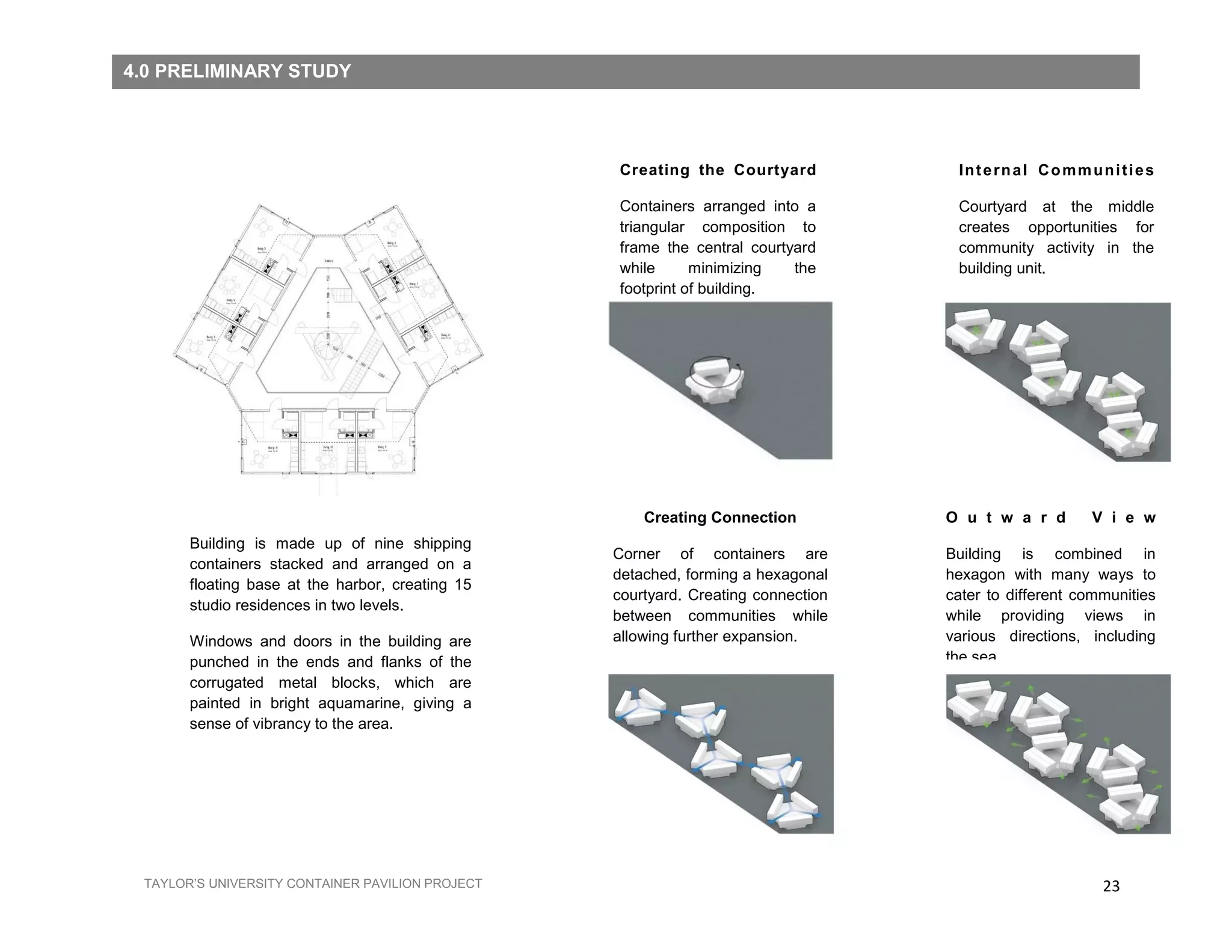 23TAYLOR’S UNIVERSITY CONTAINER PAVILION PROJECT
Building is made up of nine shipping
containers stacked and arranged on a
floating base at the harbor, creating 15
studio residences in two levels.
Windows and doors in the building are
punched in the ends and flanks of the
corrugated metal blocks, which are
painted in bright aquamarine, giving a
sense of vibrancy to the area.
Creating the Courtyard
Containers arranged into a
triangular composition to
frame the central courtyard
while minimizing the
footprint of building.
Creating Connection
Corner of containers are
detached, forming a hexagonal
courtyard. Creating connection
between communities while
allowing further expansion.
Internal Communities
Courtyard at the middle
creates opportunities for
community activity in the
building unit.
O u t w a r d V i e w
Building is combined in
hexagon with many ways to
cater to different communities
while providing views in
various directions, including
the sea.
4.0 PRELIMINARY STUDY
 