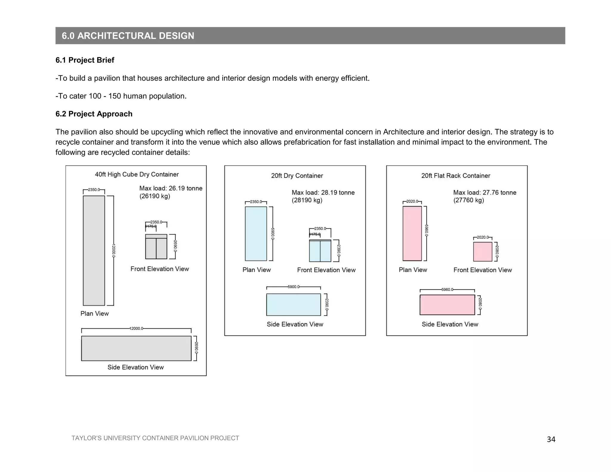 34TAYLOR’S UNIVERSITY CONTAINER PAVILION PROJECT
6.1 Project Brief
-To build a pavilion that houses architecture and interior design models with energy efficient.
-To cater 100 - 150 human population.
6.2 Project Approach
The pavilion also should be upcycling which reflect the innovative and environmental concern in Architecture and interior design. The strategy is to
recycle container and transform it into the venue which also allows prefabrication for fast installation and minimal impact to the environment. The
following are recycled container details:
6.0 ARCHITECTURAL DESIGN
 