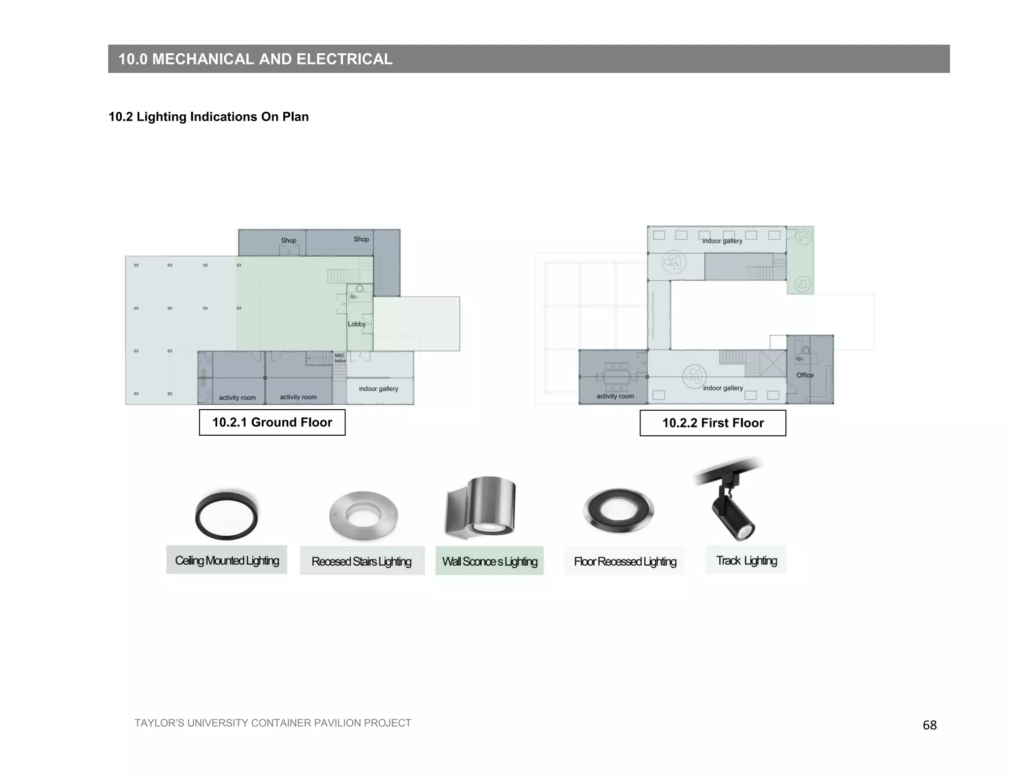 68TAYLOR’S UNIVERSITY CONTAINER PAVILION PROJECT
10.2 Lighting Indications On Plan
10.0 MECHANICAL AND ELECTRICAL
10.0 MECHANICAL AND ELECTRICAL
10.0 MECHANICAL AND ELECTRICAL
10.2.1 Ground Floor 10.2.2 First Floor
 