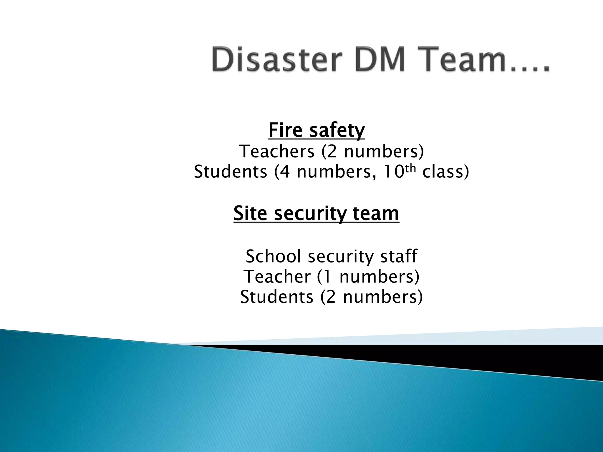 Fire safety
Teachers (2 numbers)
Students (4 numbers, 10th class)
Site security team
School security staff
Teacher (1 numbers)
Students (2 numbers)
 