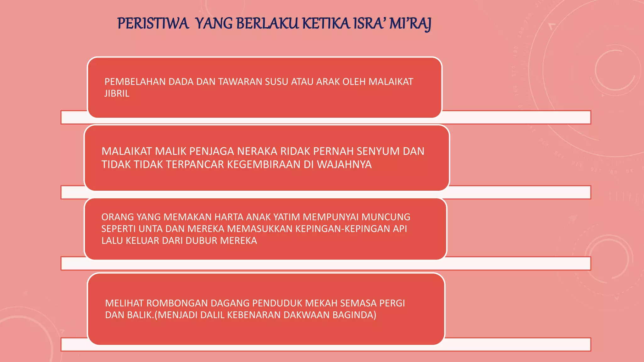 PEMBELAHAN DADA DAN TAWARAN SUSU ATAU ARAK OLEH MALAIKAT
JIBRIL
MALAIKAT MALIK PENJAGA NERAKA RIDAK PERNAH SENYUM DAN
TIDAK TIDAK TERPANCAR KEGEMBIRAAN DI WAJAHNYA
ORANG YANG MEMAKAN HARTA ANAK YATIM MEMPUNYAI MUNCUNG
SEPERTI UNTA DAN MEREKA MEMASUKKAN KEPINGAN-KEPINGAN API
LALU KELUAR DARI DUBUR MEREKA
MELIHAT ROMBONGAN DAGANG PENDUDUK MEKAH SEMASA PERGI
DAN BALIK.(MENJADI DALIL KEBENARAN DAKWAAN BAGINDA)
PERISTIWA YANG BERLAKU KETIKA ISRA’ MI’RAJ
 