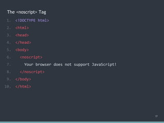 The <noscript> Tag
1. <!DOCTYPE html>
2. <html>
3. <head>
4. </head>
5. <body>
6. <noscript>
7. Your browser does not support JavaScript!
8. </noscript>
9. </body>
10. </html>
17
 