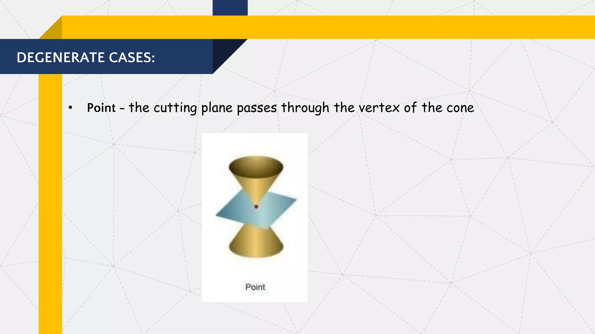 DEGENERATE CASES:
• Point - the cutting plane passes through the vertex of the cone
 