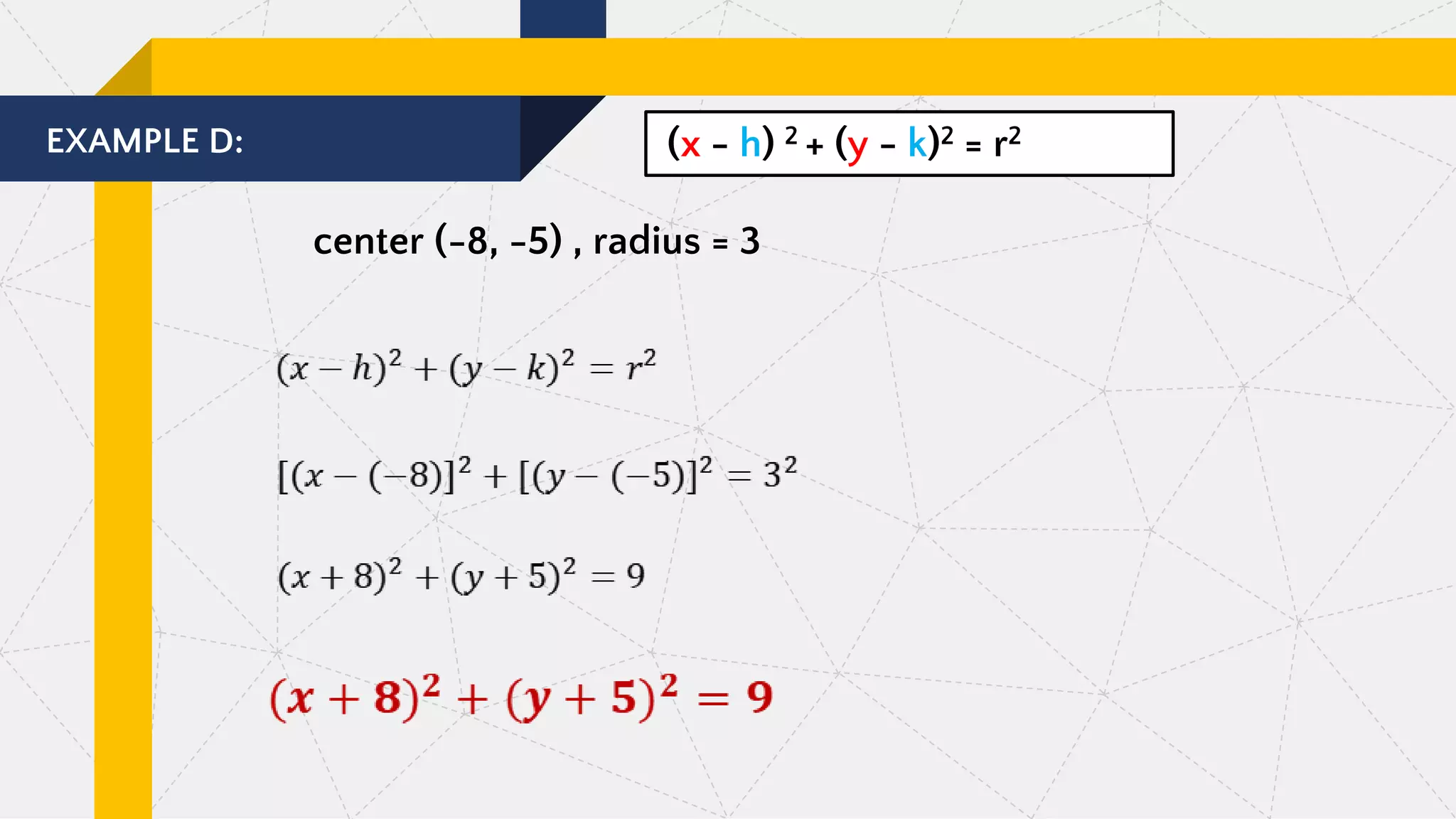 EXAMPLE D:
center (-8, -5) , radius = 3
(x - h) 2 + (y - k)2 = r2
 