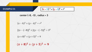 EXAMPLE D:
center (-8, -5) , radius = 3
(x - h) 2 + (y - k)2 = r2
 