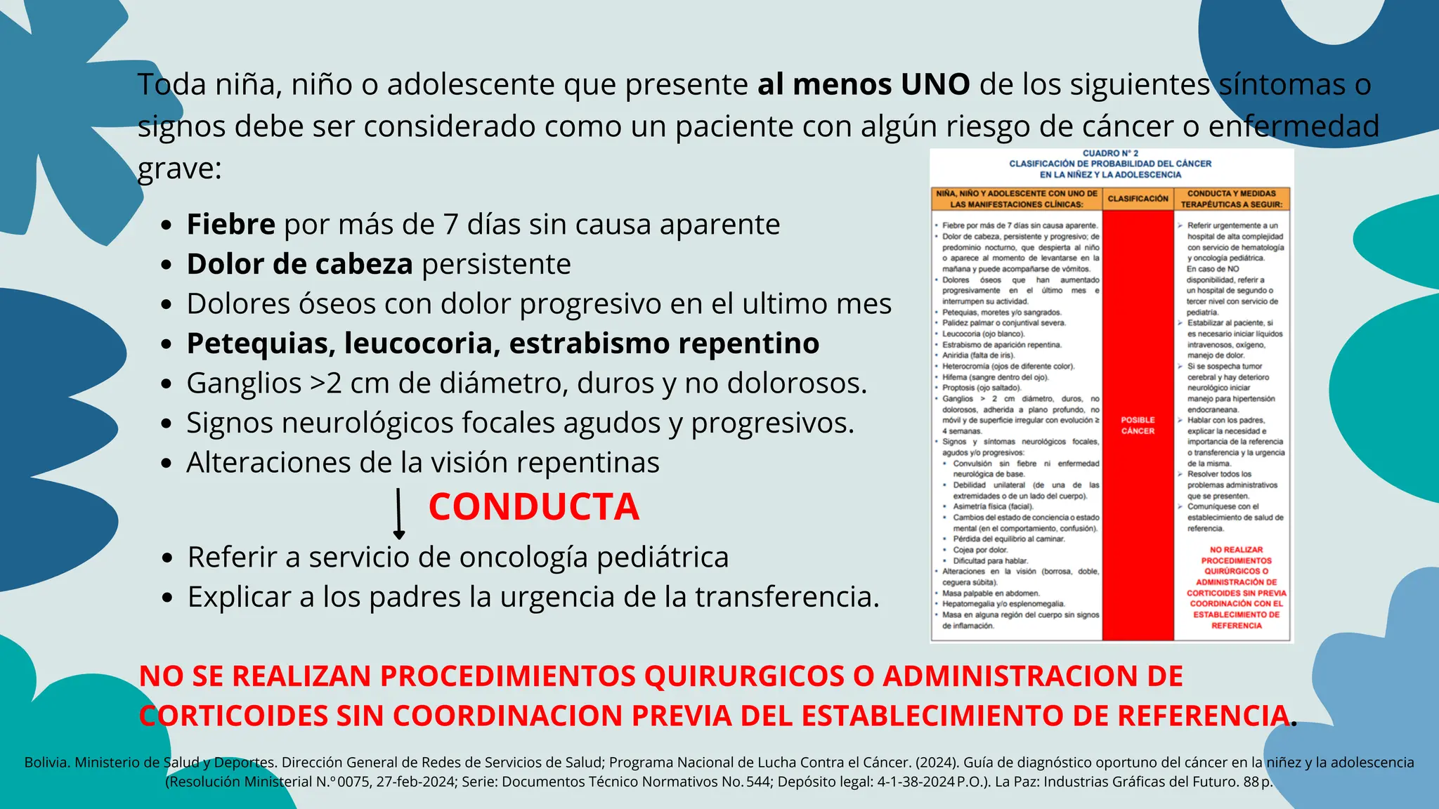 Bolivia. Ministerio de Salud y Deportes. Dirección General de Redes de Servicios de Salud; Programa Nacional de Lucha Contra el Cáncer. (2024). Guía de diagnóstico oportuno del cáncer en la niñez y la adolescencia
(Resolución Ministerial N.º0075, 27‑feb‑2024; Serie: Documentos Técnico Normativos No.544; Depósito legal: 4‑1‑38‑2024P.O.). La Paz: Industrias Gráficas del Futuro. 88p.
Toda niña, niño o adolescente que presente al menos UNO de los siguientes síntomas o
signos debe ser considerado como un paciente con algún riesgo de cáncer o enfermedad
grave:
Fiebre por más de 7 días sin causa aparente
Dolor de cabeza persistente
Dolores óseos con dolor progresivo en el ultimo mes
Petequias, leucocoria, estrabismo repentino
Ganglios >2 cm de diámetro, duros y no dolorosos.
Signos neurológicos focales agudos y progresivos.
Alteraciones de la visión repentinas
Referir a servicio de oncología pediátrica
Explicar a los padres la urgencia de la transferencia.
NO SE REALIZAN PROCEDIMIENTOS QUIRURGICOS O ADMINISTRACION DE
CORTICOIDES SIN COORDINACION PREVIA DEL ESTABLECIMIENTO DE REFERENCIA.
CONDUCTA
 