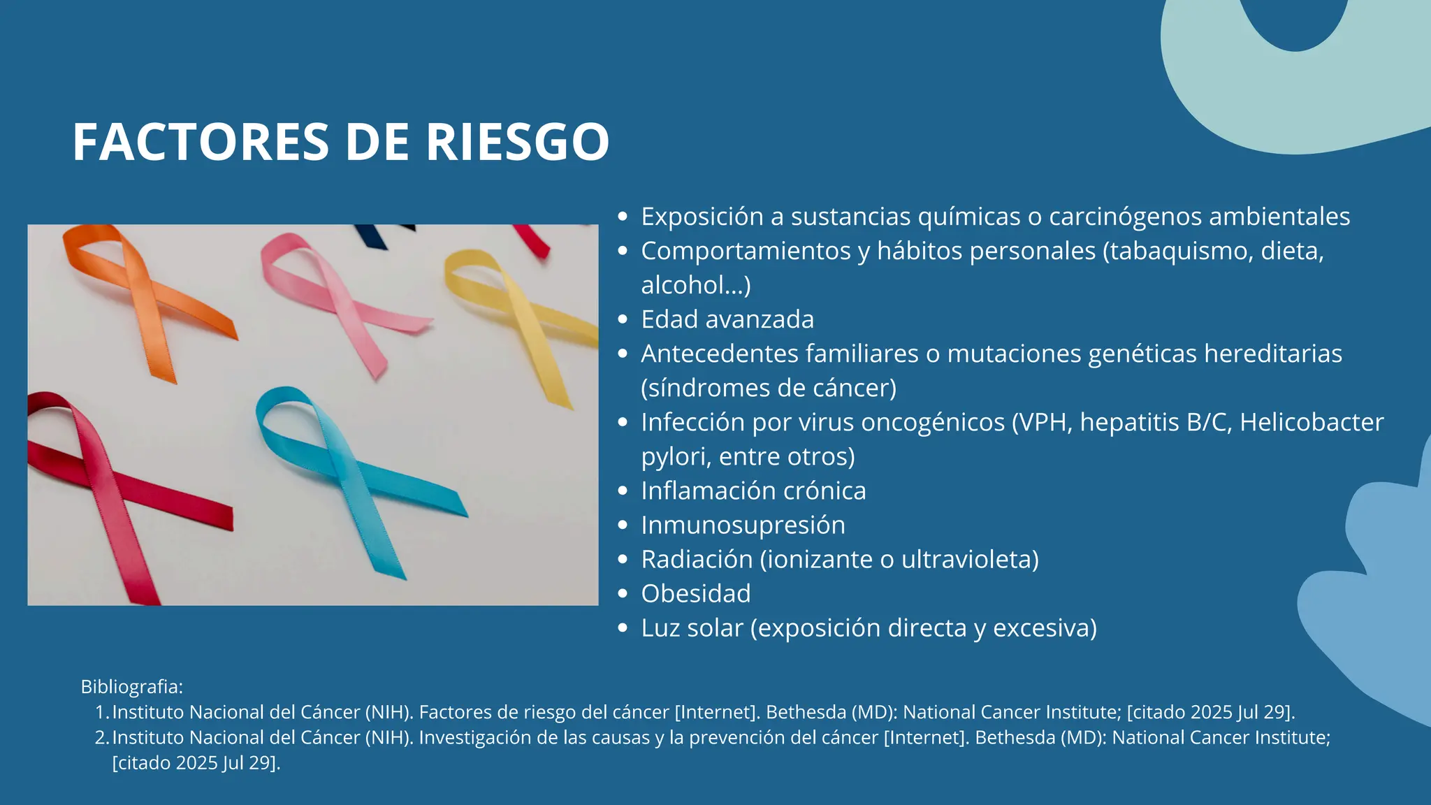Bibliografia:
1.Instituto Nacional del Cáncer (NIH). Factores de riesgo del cáncer [Internet]. Bethesda (MD): National Cancer Institute; [citado 2025 Jul 29].
2.Instituto Nacional del Cáncer (NIH). Investigación de las causas y la prevención del cáncer [Internet]. Bethesda (MD): National Cancer Institute;
[citado 2025 Jul 29].
Exposición a sustancias químicas o carcinógenos ambientales
Comportamientos y hábitos personales (tabaquismo, dieta,
alcohol…)
Edad avanzada
Antecedentes familiares o mutaciones genéticas hereditarias
(síndromes de cáncer)
Infección por virus oncogénicos (VPH, hepatitis B/C, Helicobacter
pylori, entre otros)
Inflamación crónica
Inmunosupresión
Radiación (ionizante o ultravioleta)
Obesidad
Luz solar (exposición directa y excesiva)
FACTORES DE RIESGO
 