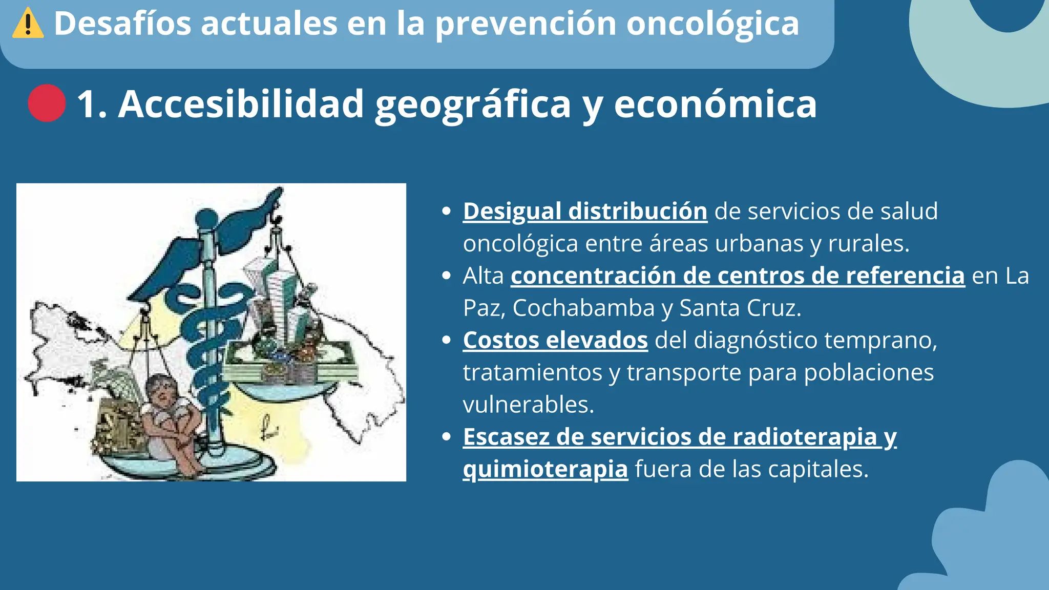 Desigual distribución de servicios de salud
oncológica entre áreas urbanas y rurales.
Alta concentración de centros de referencia en La
Paz, Cochabamba y Santa Cruz.
Costos elevados del diagnóstico temprano,
tratamientos y transporte para poblaciones
vulnerables.
Escasez de servicios de radioterapia y
quimioterapia fuera de las capitales.
🔴1. Accesibilidad geográfica y económica
⚠️Desafíos actuales en la prevención oncológica
 