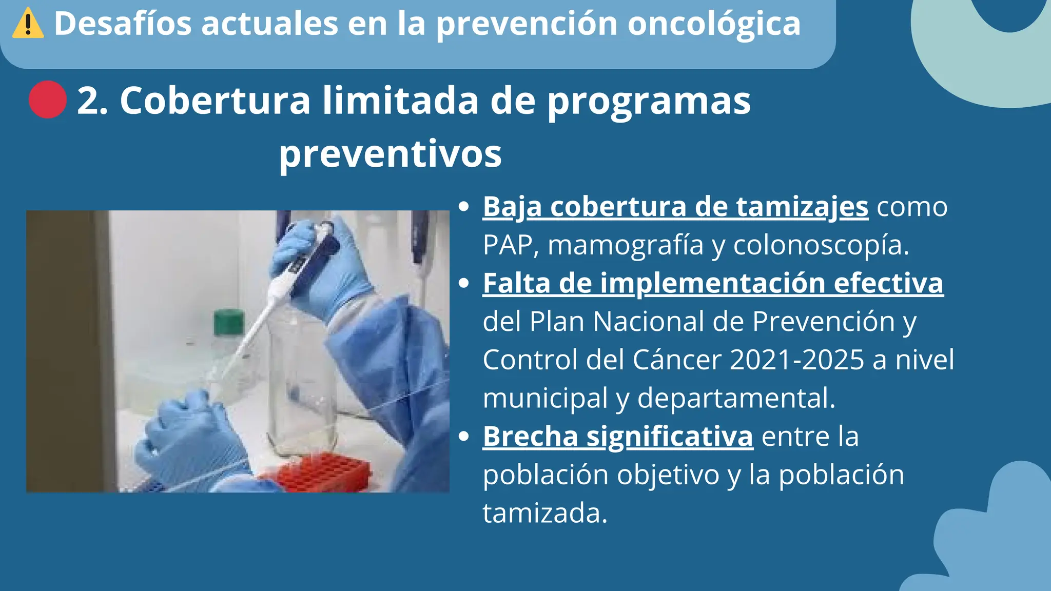 Baja cobertura de tamizajes como
PAP, mamografía y colonoscopía.
Falta de implementación efectiva
del Plan Nacional de Prevención y
Control del Cáncer 2021-2025 a nivel
municipal y departamental.
Brecha significativa entre la
población objetivo y la población
tamizada.
🔴2. Cobertura limitada de programas
preventivos
⚠️Desafíos actuales en la prevención oncológica
 