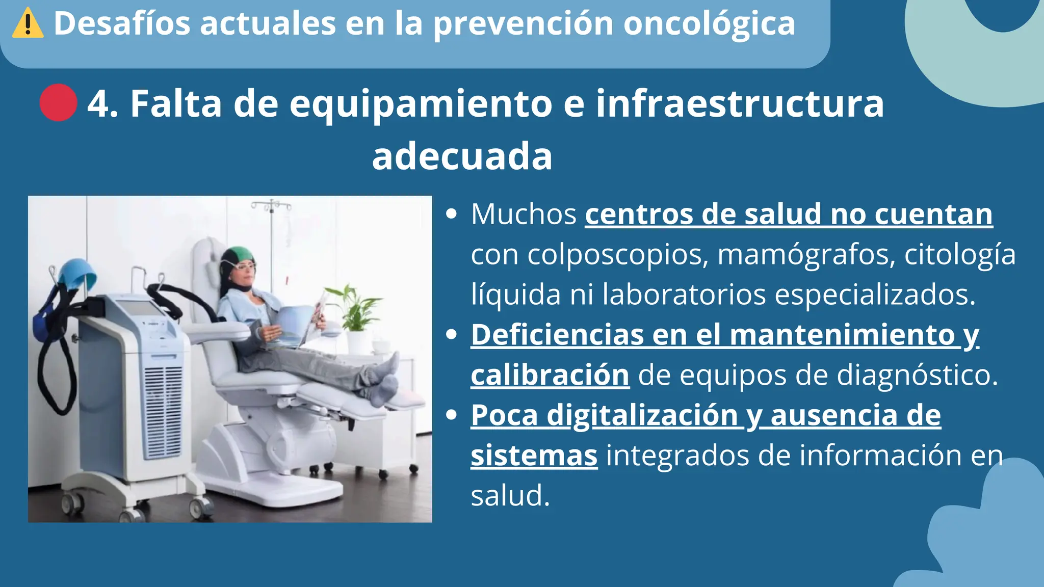 Muchos centros de salud no cuentan
con colposcopios, mamógrafos, citología
líquida ni laboratorios especializados.
Deficiencias en el mantenimiento y
calibración de equipos de diagnóstico.
Poca digitalización y ausencia de
sistemas integrados de información en
salud.
🔴4. Falta de equipamiento e infraestructura
adecuada
⚠️Desafíos actuales en la prevención oncológica
 