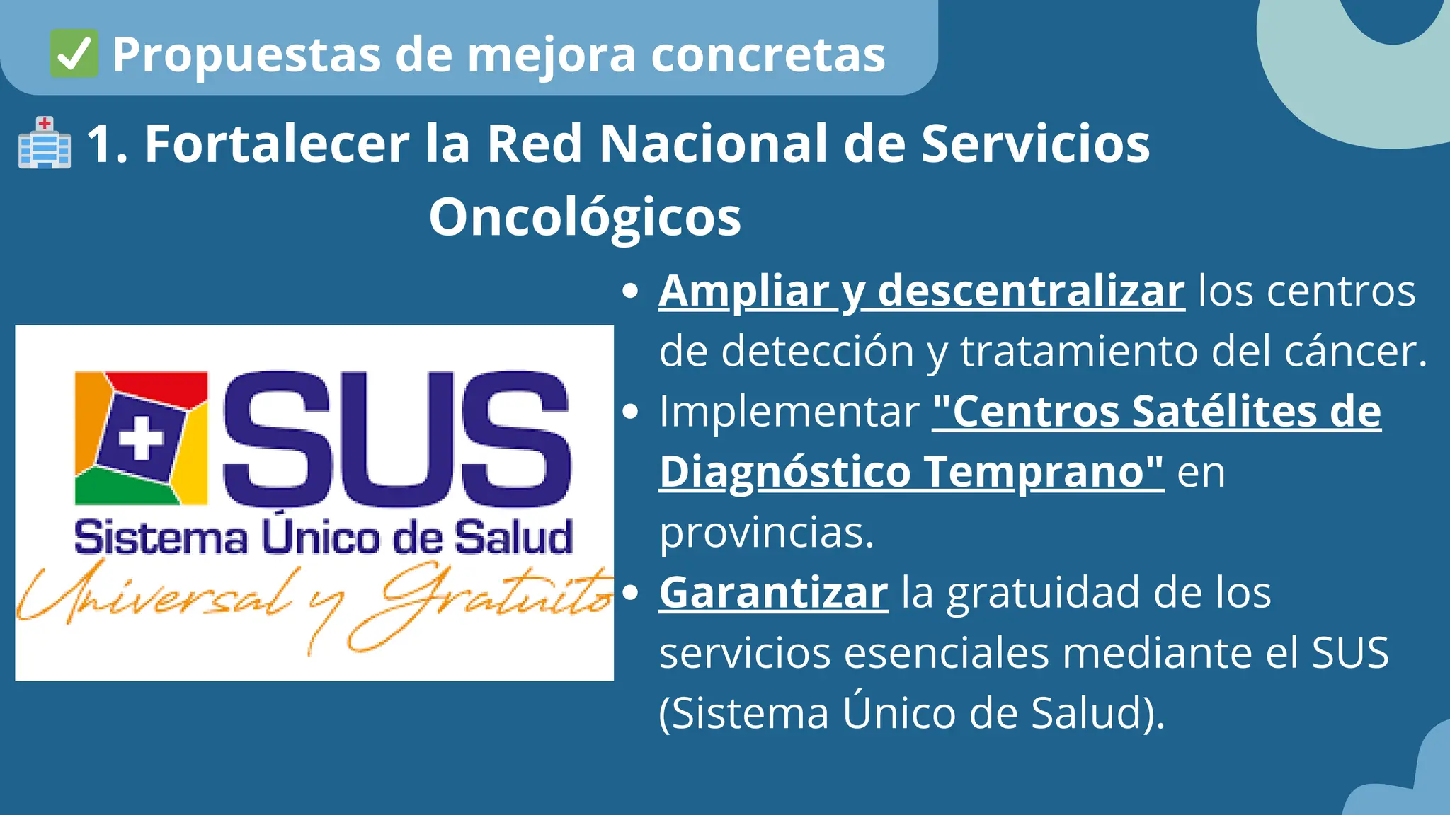 Ampliar y descentralizar los centros
de detección y tratamiento del cáncer.
Implementar "Centros Satélites de
Diagnóstico Temprano" en
provincias.
Garantizar la gratuidad de los
servicios esenciales mediante el SUS
(Sistema Único de Salud).
🏥1. Fortalecer la Red Nacional de Servicios
Oncológicos
✅Propuestas de mejora concretas
 