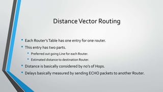 DistanceVector Routing
• Each Router’sTable has one entry for one router.
• This entry has two parts.
• Preferred out going Line for each Router.
• Estimated distance to destination Router.
• Distance is basically considered by no’s of Hops.
• Delays basically measured by sending ECHO packets to another Router.
 