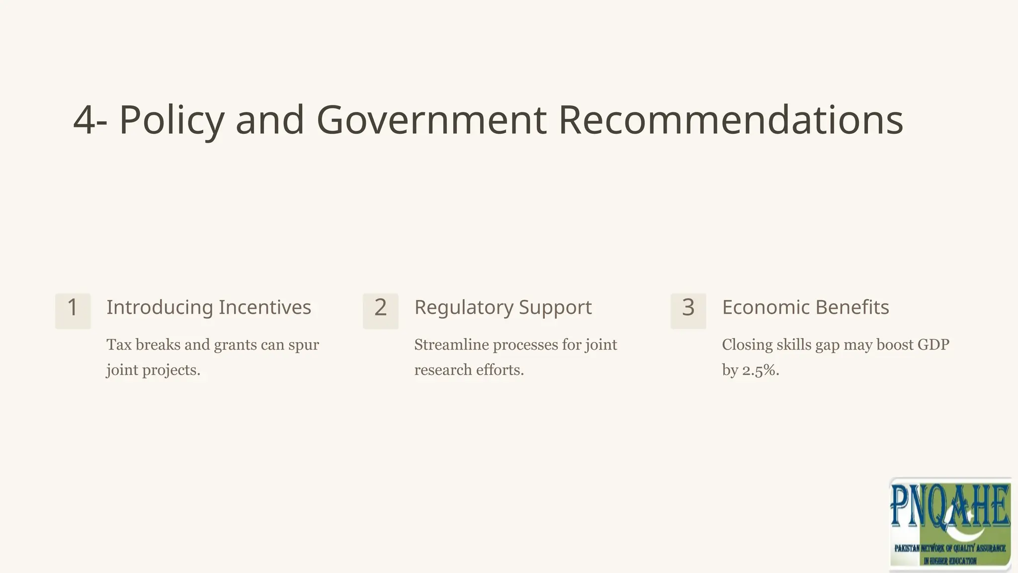 4- Policy and Government Recommendations
1 Introducing Incentives
Tax breaks and grants can spur
joint projects.
2 Regulatory Support
Streamline processes for joint
research efforts.
3 Economic Benefits
Closing skills gap may boost GDP
by 2.5%.
 