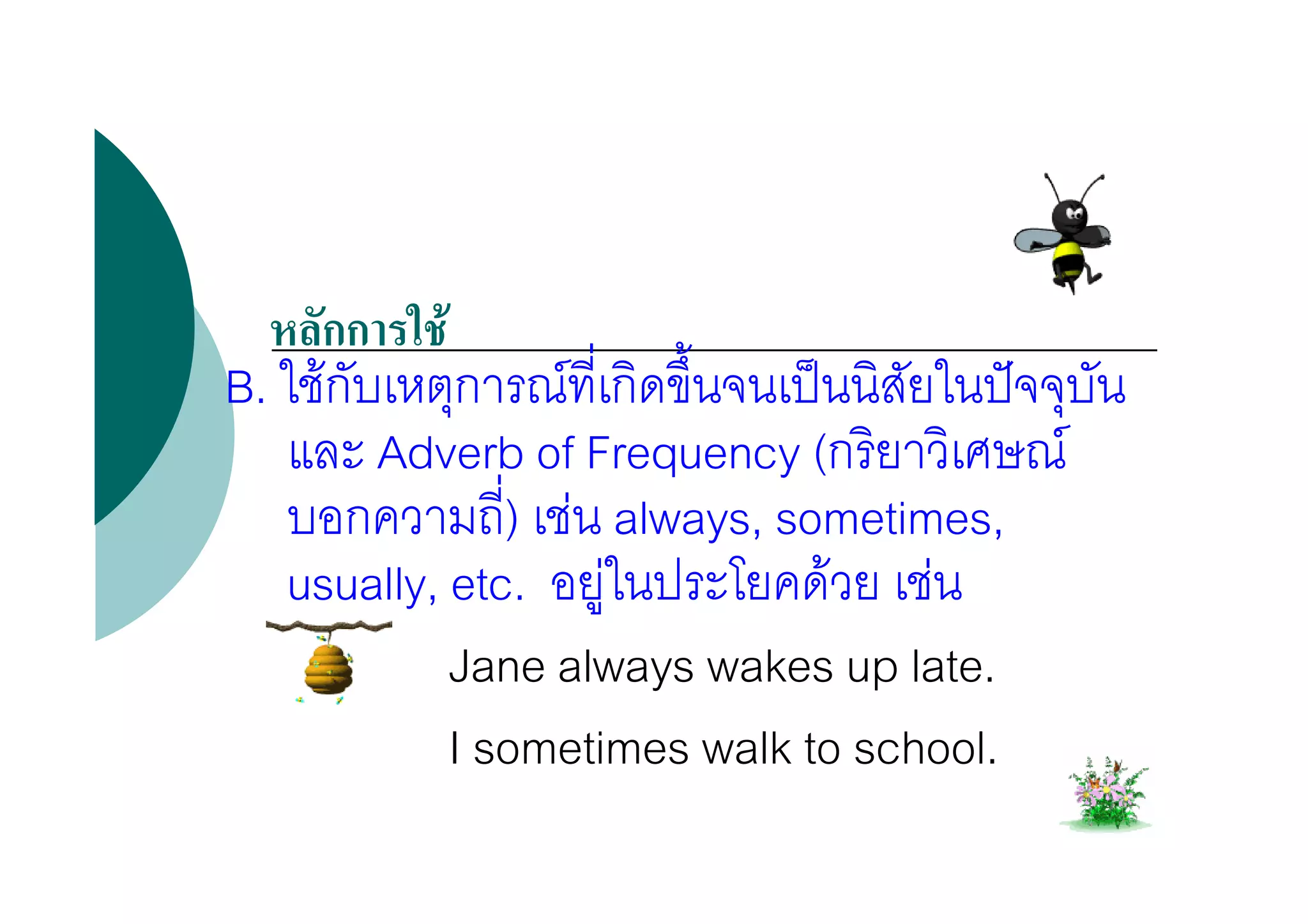 F
B. F            F
      Adverb of Frequency (            F
              ) F always, sometimes,
  usually, etc. F             F   F
           Jane always wakes up late.
           I sometimes walk to school.
 