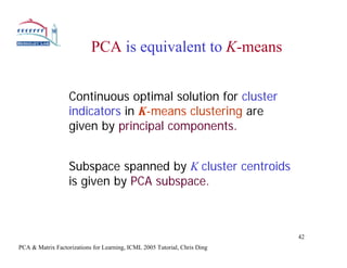 PCA is equivalent to K-means


                   Continuous optimal solution for cluster
                   indicators in K-means clustering are
                   given by principal components.


                   Subspace spanned by K cluster centroids
                   is given by PCA subspace.



                                                                           42
PCA & Matrix Factorizations for Learning, ICML 2005 Tutorial, Chris Ding
 