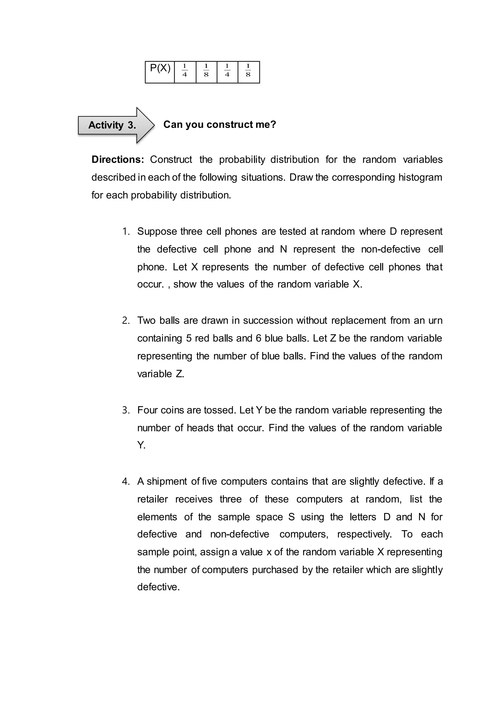 P(X)
4
1
8
1
4
1
8
1
Can you construct me?
Directions: Construct the probability distribution for the random variables
described in each of the following situations. Draw the corresponding histogram
for each probability distribution.
1. Suppose three cell phones are tested at random where D represent
the defective cell phone and N represent the non-defective cell
phone. Let X represents the number of defective cell phones that
occur. , show the values of the random variable X.
2. Two balls are drawn in succession without replacement from an urn
containing 5 red balls and 6 blue balls. Let Z be the random variable
representing the number of blue balls. Find the values of the random
variable Z.
3. Four coins are tossed. Let Y be the random variable representing the
number of heads that occur. Find the values of the random variable
Y.
4. A shipment of five computers contains that are slightly defective. If a
retailer receives three of these computers at random, list the
elements of the sample space S using the letters D and N for
defective and non-defective computers, respectively. To each
sample point, assign a value x of the random variable X representing
the number of computers purchased by the retailer which are slightly
defective.
Activity 3.
 