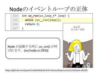 Nodeのイベントループの正体




  Node が起動する時に uv_run() が呼
  ばれます。(src/node.cc:2910)




https://github.com/joyent/node/blob/v0.8.0-release/deps/uv/src/unix/core.c#L265
 