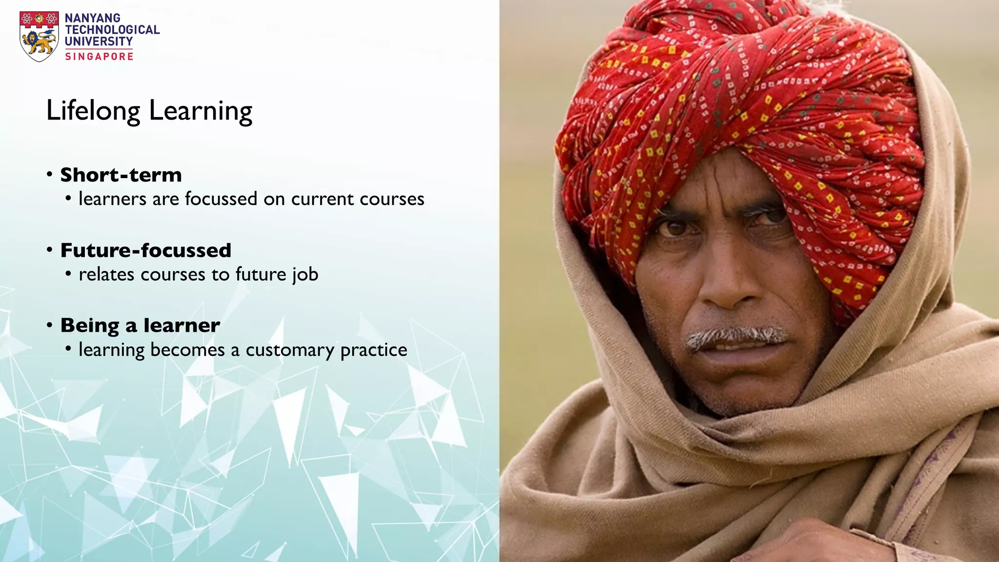 Lifelong Learning
• Short-term
• learners are focussed on current courses
• Future-focussed
• relates courses to future job
• Being a learner
• learning becomes a customary practice
 