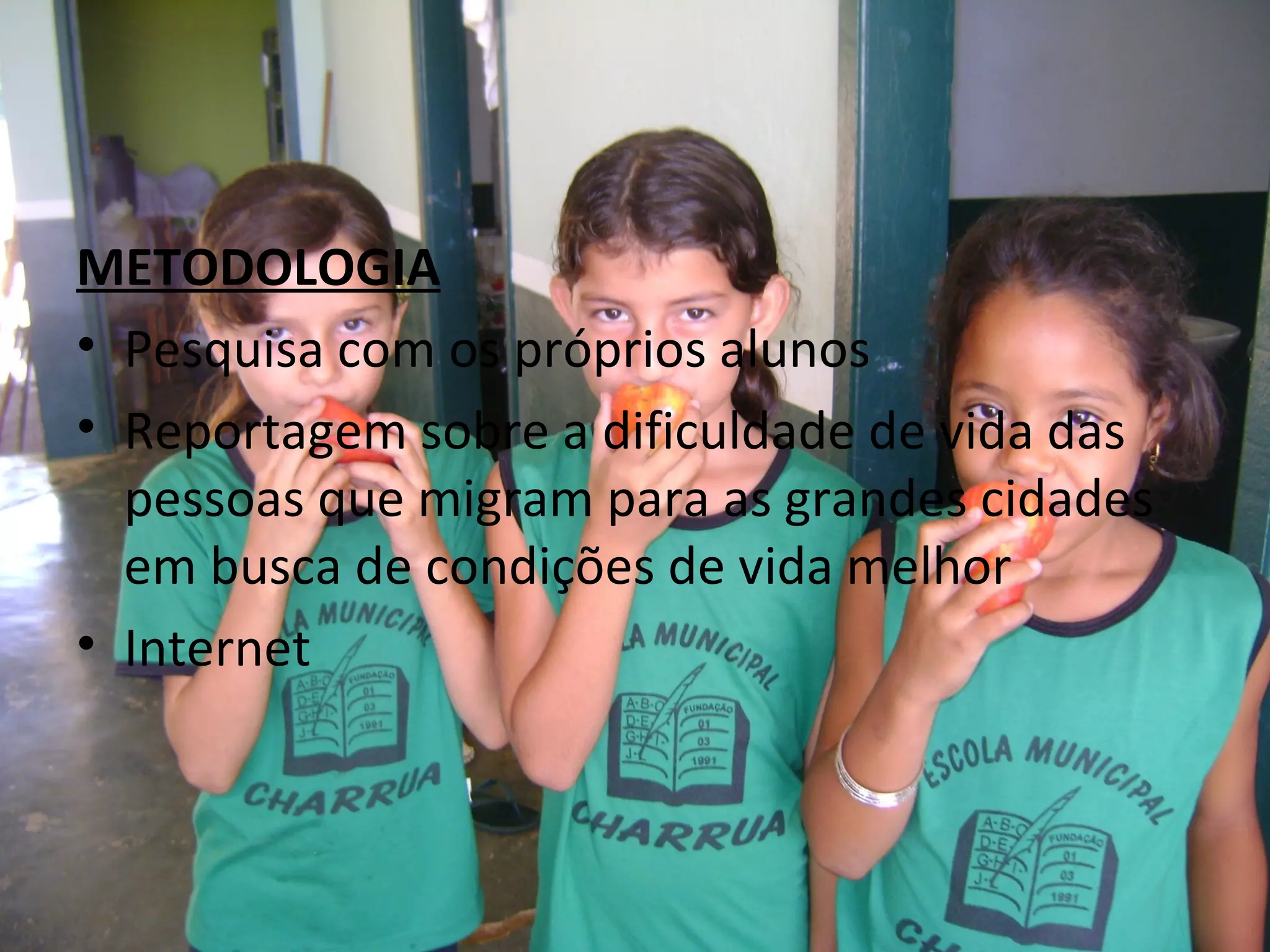 METODOLOGIA Pesquisa com os próprios alunos Reportagem sobre a dificuldade de vida das pessoas que migram para as grandes cidades em busca de condições de vida melhor  Internet  