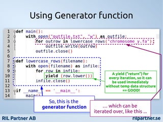 Using Generator function

A yield (“return”) for
every iteration, so it can
be used immediately
without temp data structure
== GOOD!

So, this is the
generator function

… which can be
iterated over, like this ...

 