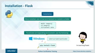 Python Certification Training https://www.edureka.co/python
Installation - Flask
Installation
I’m learning Flask!
Once installed, new virtual environment is created in a folder
mkdir newproj
cd newproj
virtualenv venv
To activate corresponding environment, use the following:
venvscriptsactivate
pip install Flask
 
