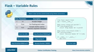 Python Certification Training https://www.edureka.co/python
Flask – Variable Rules
More rules can be constructed using these converters
Sl.no Parameter Description
1 int Accepts Integer
2 Float For Floating point value
3 Path
Accepts slashes used as
directory separator character
from flask import Flask
app = Flask(__name__)
@app.route('/blog/<int:postID>')
def show_blog(postID):
return 'Blog Number %d' % postID
@app.route('/rev/<float:revNo>')
def revision(revNo):
return 'Revision Number %f' % revNo
if __name__ == '__main__':
app.run()
Run the code
Visit the URL: http://localhost:5000/blog/11
Blog number 11Browser Output
http://localhost:5000/rev/1.1 Revision Number 1.100000
 
